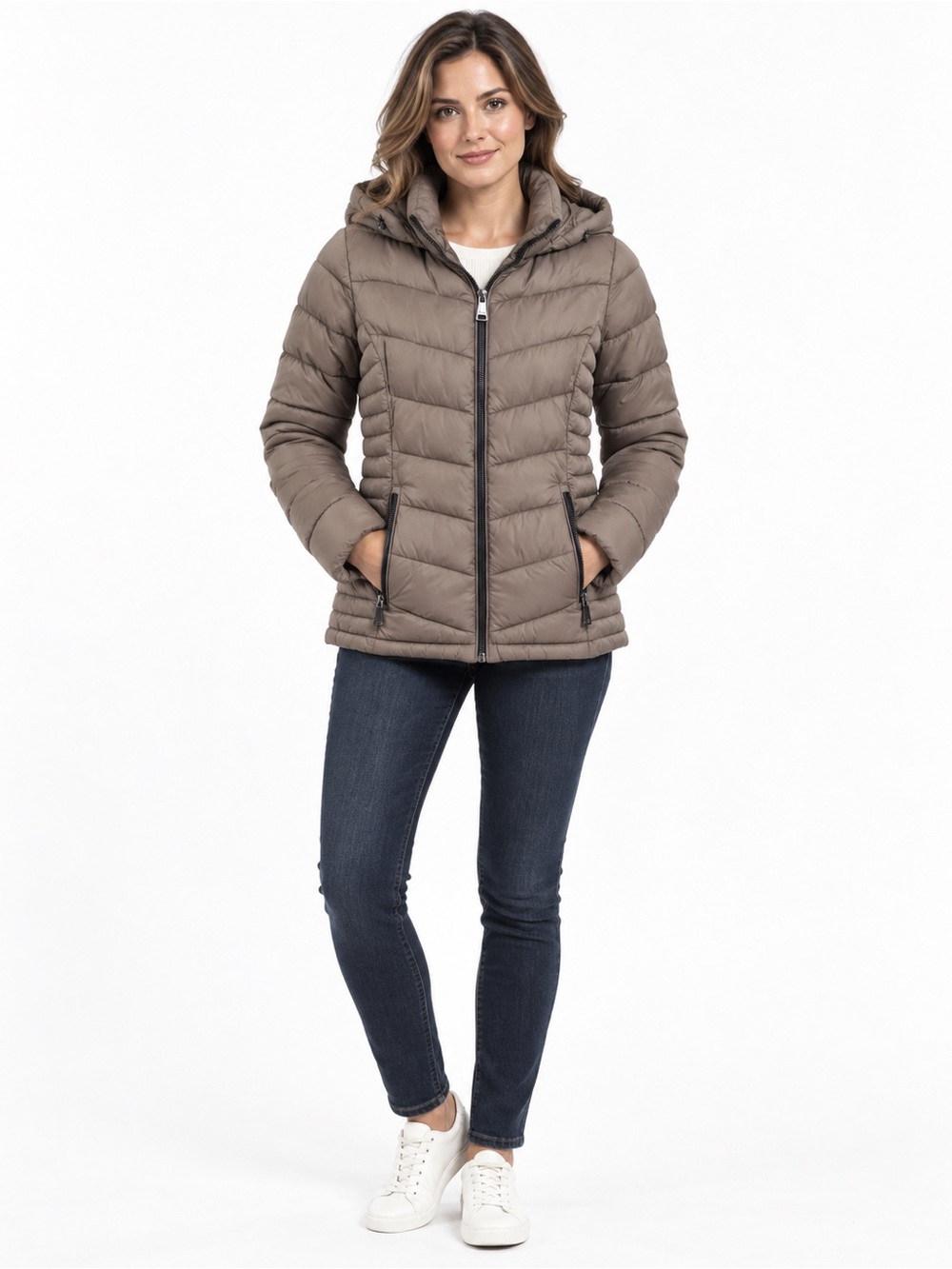 DKNY Hooded Puffer Jacket Women’s Medium Taupe Brown Lightweight Zip Coat